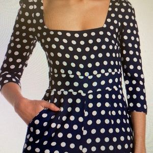 Neiman Marcus Navy Polka Dot Linen Jumpsuit with Square Neck